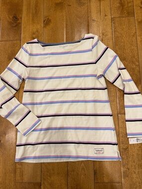 Talbots Ivory Boatneck Top with Blue and Lavender Stripes